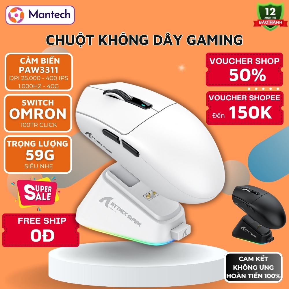 Chuột Gaming Không Dây Attack Shark G3 PRO - Siêu Nhẹ 59g, Pin 500mAh, Dock Sạc RGB, App Tùy Chỉnh