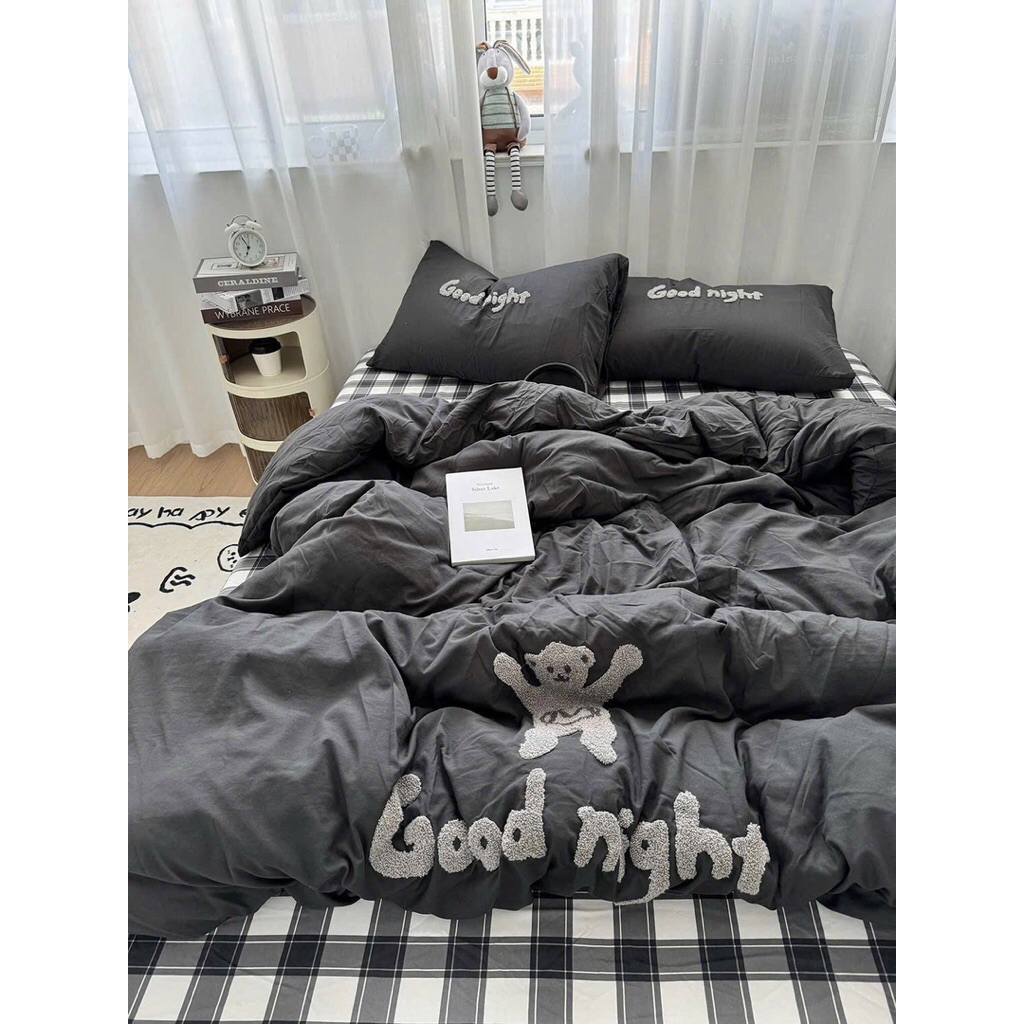 Vân su shop- Chăn ga gối đũi Bear Brick caro