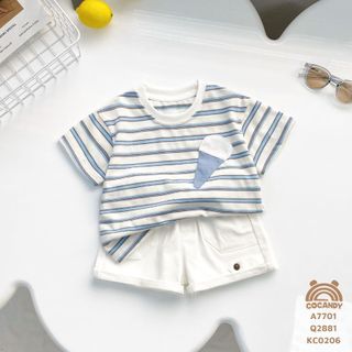Set cho bé -Áo cộc X.NHẠT kẻ phối kem và Quần cộc TRẮNG túi phối 1 nắp cúc của COCANDY mã A7701,Q2881