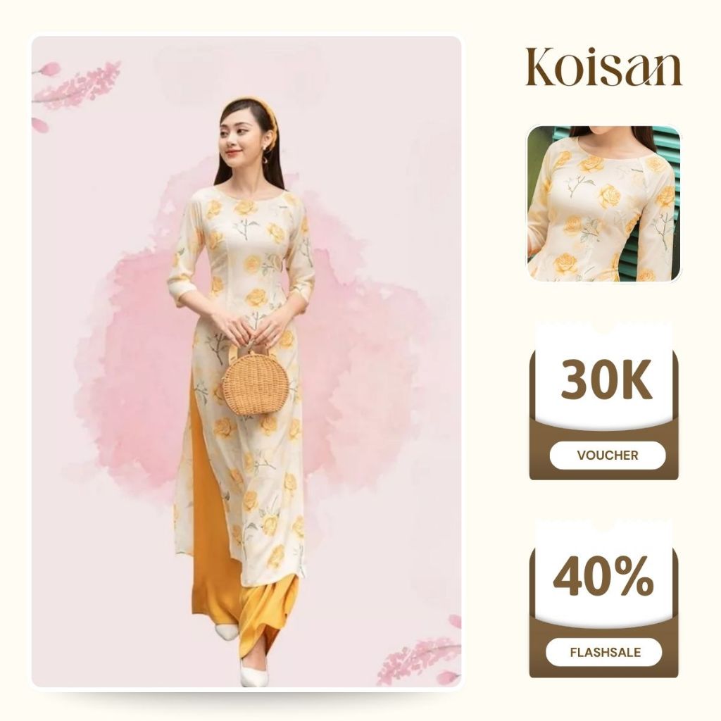 Áo dài cách tân nữ KO-ISAN màu vàng thiết kế eo ôm cổ tròn tay lỡ hoạ tiết hoa hồng duyên dáng 21052