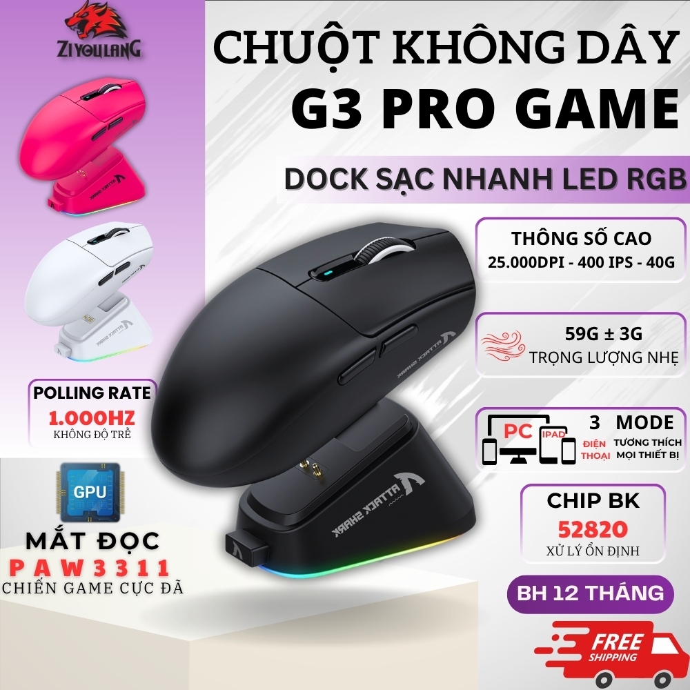 Chuột Không Dây Gaming Attack Shark G3 PRO - Cảm Biến PAW3311, Pin 500mAh Dock RGB Từ Tính, App