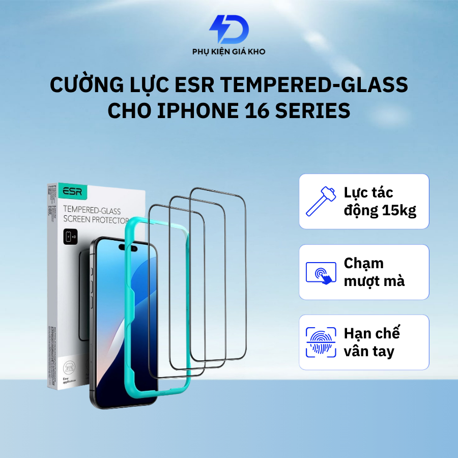 Cường lực chống vân tay ESR cho iPhone 16/ 16 Plus/ 16 Pro/ 16 Pro Max có khung tự dán