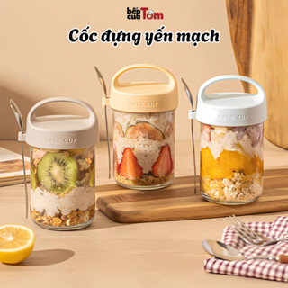 Cốc Đựng Ngũ Cốc Chất Liệu Thuỷ Tinh Trong Suốt Tặng Kèm Thìa, Hũ Đựng Yến Mạch, Bình Đựng Sữa Chua 430ml Có Nắp Đậy Kín