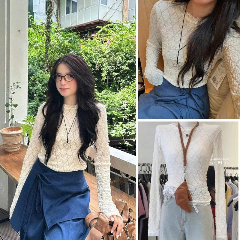 (ẢNH LOẠI 1) Áo Ren Mỏng Nhẹ Chất Liệu Thun Xốp Forly Offical Áo Ren Dài Tay Phối Hoạ Tiết Trám