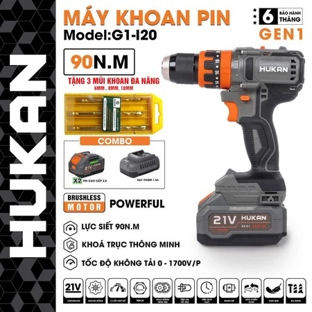 Hoả tốc Máy Khoan Pin Hukan I20, Lực siết 90Nn, Đầu Kẹp 13mm Khoá lock trục, Không chổi than
