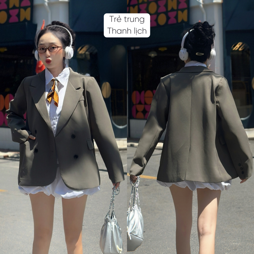 Áo vest nữ blazer Mely Fashion kaki hàn cao cấp form rộng dài tay thiết kế sang trọng Hàn Quốc hai lớp đệm vai ASM44-02 | BigBuy360 - bigbuy360.vn