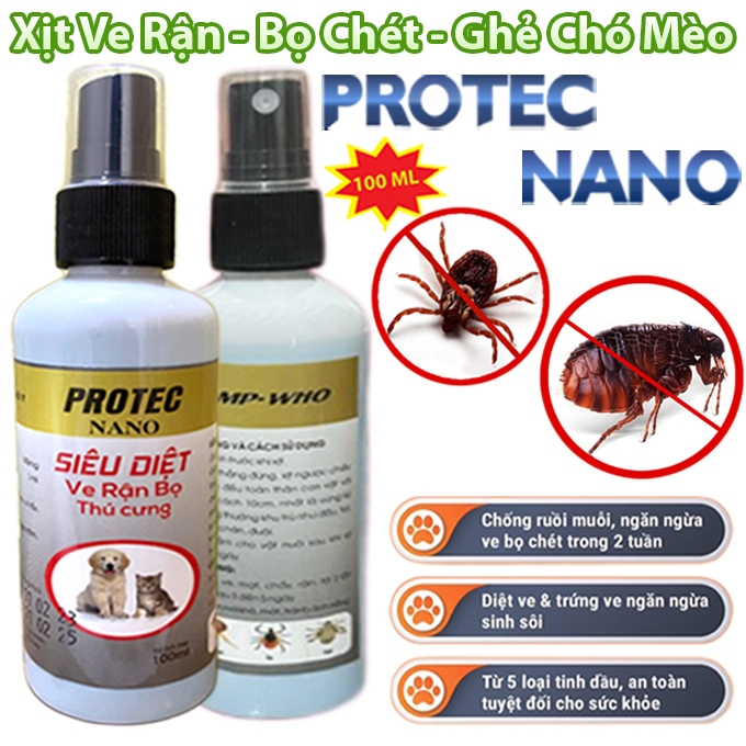 Xịt PROTEC NANO 100ml Ve Rận, Bọ Chét Chó Mèo Chính Hãng - Loại Bỏ Trứng Ấu Trùng Lành Tính, An Toàn