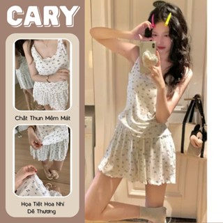  Set đồ ngủ in hình hoa nhí áo ba lỗ sexy thun co giãn bộ ngủ viền bèo bigsize mềm mát CARY 