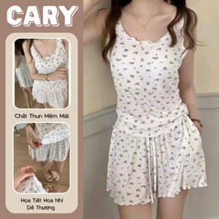 Set bộ ngủ hoa nhí nữ áo 2 dây bản to và quần viền bèo chất thun tăm co giãn mềm mát bigsize CARY