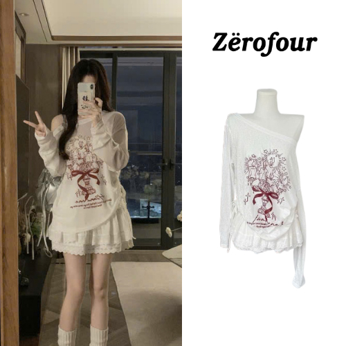 Set áo thun cotton form rộng lệch vai trắng in nơ đỏ mix chân váy thô lụa freesize dáng ngắn bèo tần