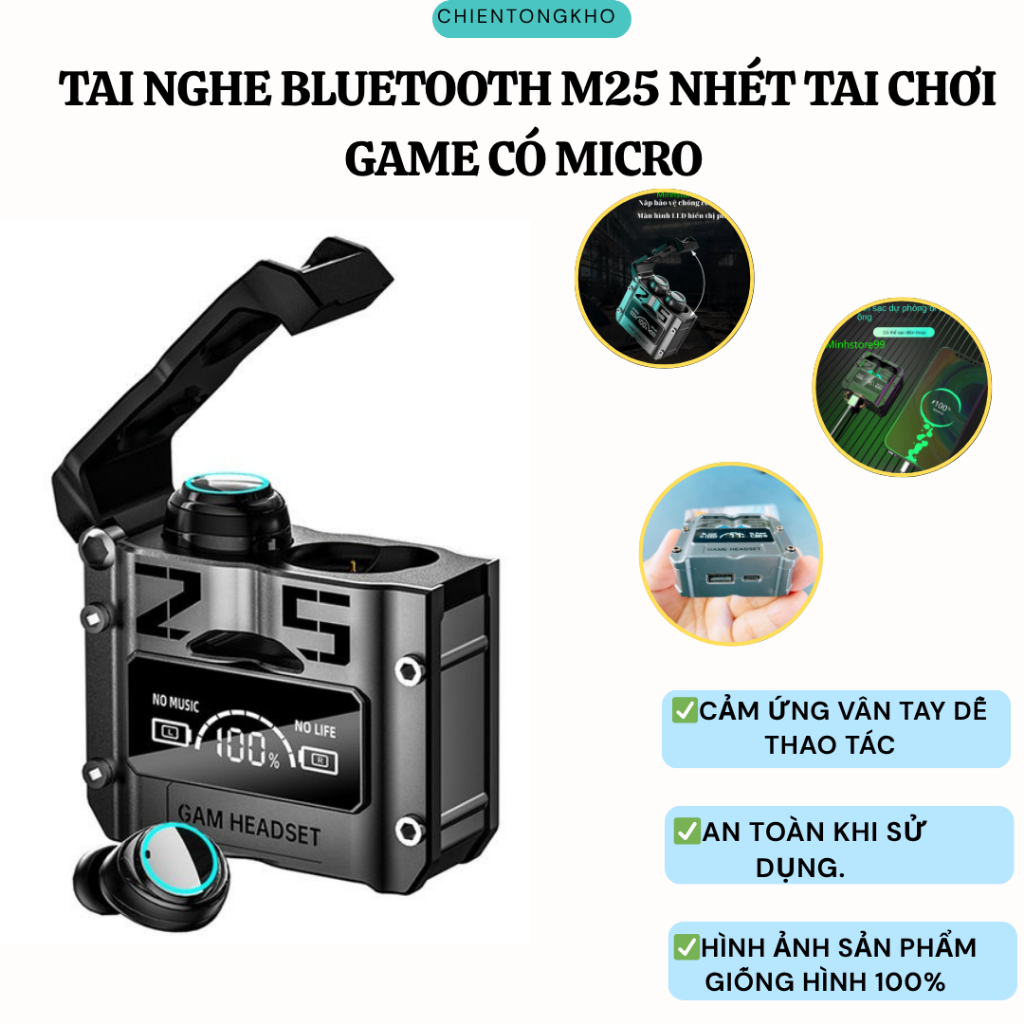[M25] Tai Nghe Bluetooth True M25 Bluetooth 5.3 Độ trễ thấp Pin Trâu 5 Tiếng Chống Ồn chủ động  -chi