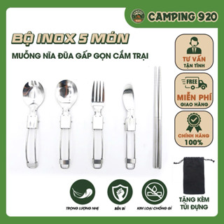 Bộ Inox 5 Món,Muỗng Nĩa Đũa Gấp Gọn Cắm Trại,Dụng Cụ Du Lịch Dã Ngoại Camping,Có Túi Vải Tiện Lợi