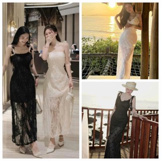 Đầm váy nữ dư tiệc chất ren 2 lớp lót bảo hộ bên trong ngắn váy ôm body bên ngoài dài xòe 2 dây hoa buộc nơ lên xinh xắn