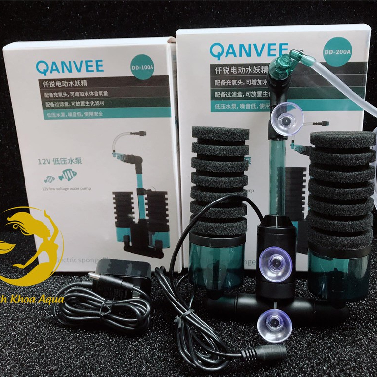 Lọc vi sinh Qanvee DD-100A / DD-200A – lọc bọt khí tạo oxy cho hồ cá cảnh, bể thủy sinh mini