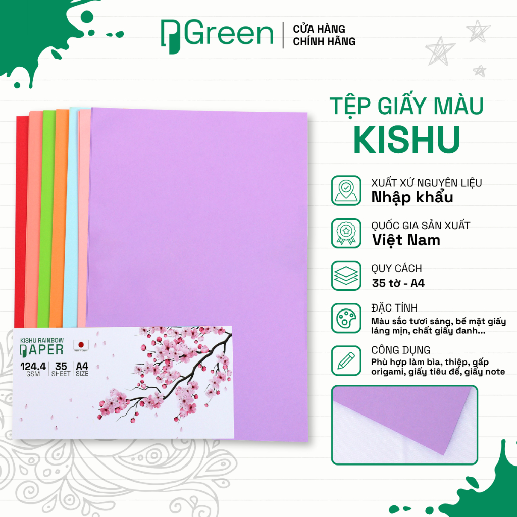 Tệp Giấy Màu Kishu A4 124,4gsm - 35 tờ - Giấy Mỹ Thuật | PGREEN