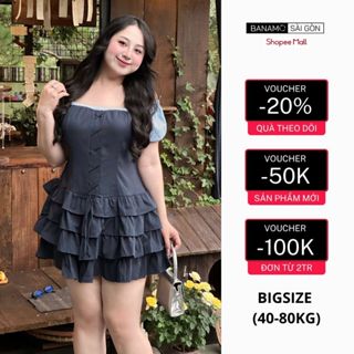 Đầm tiểu thư BIGSIZE Banamo Sài Gòn váy thiết kế trễ vai tầng phối kẻ đính nơ ôm body tôn dáng 5939