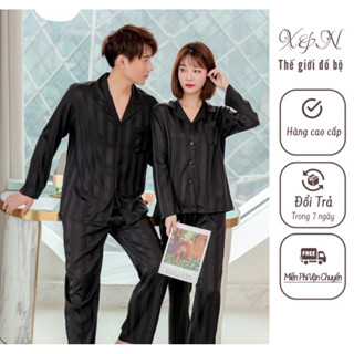 Bộ quần áo ngủ ,bộ ngủ lụa xuân thu nam nữ kẻ sọc dài tay cao cấp sz từ 40-85kg