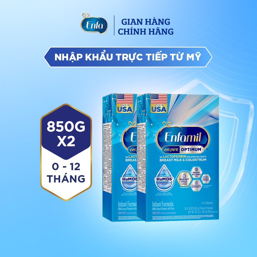 Bộ 2 hộp sữa bột Enfamil Enspire Optimum 850g hỗ trợ đề kháng với Lactoferrin cho trẻ từ 0 – 12 tháng tuổi