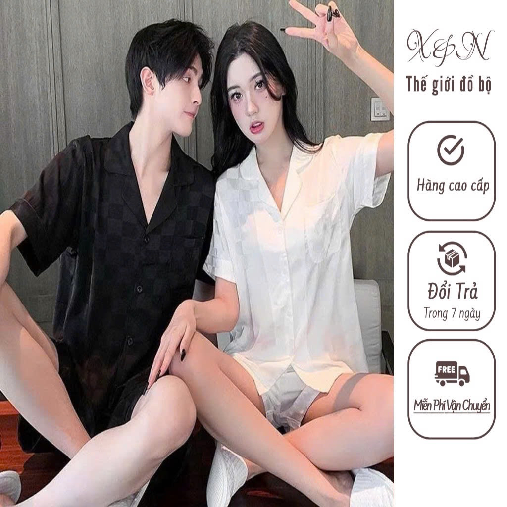 Bộ đồ ngủ,bộ lụa pijama nam nữ quần đùi áo cộc caro  chất lụa cao cấp sz từ 40-95kg