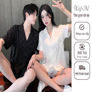 Bộ đồ ngủ,bộ lụa pijama nam nữ quần đùi áo cộc caro  chất lụa cao cấp sz từ 40-95kg