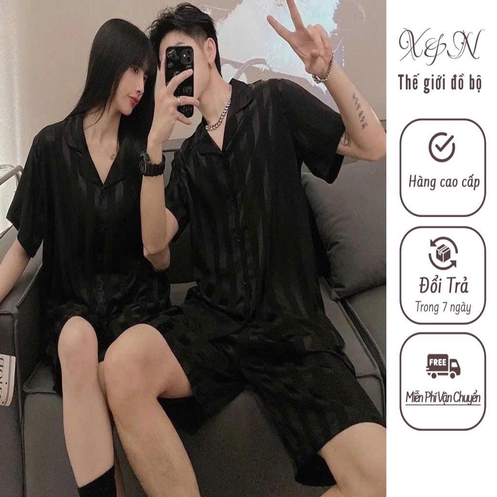 2026 Phong Cách Mới [DEAL Độc Quyền Nhà Lụa Phù Hợp Với Piyama Đùi Sọc Đen Nam Nữ Lụa Cao Cấp2026082