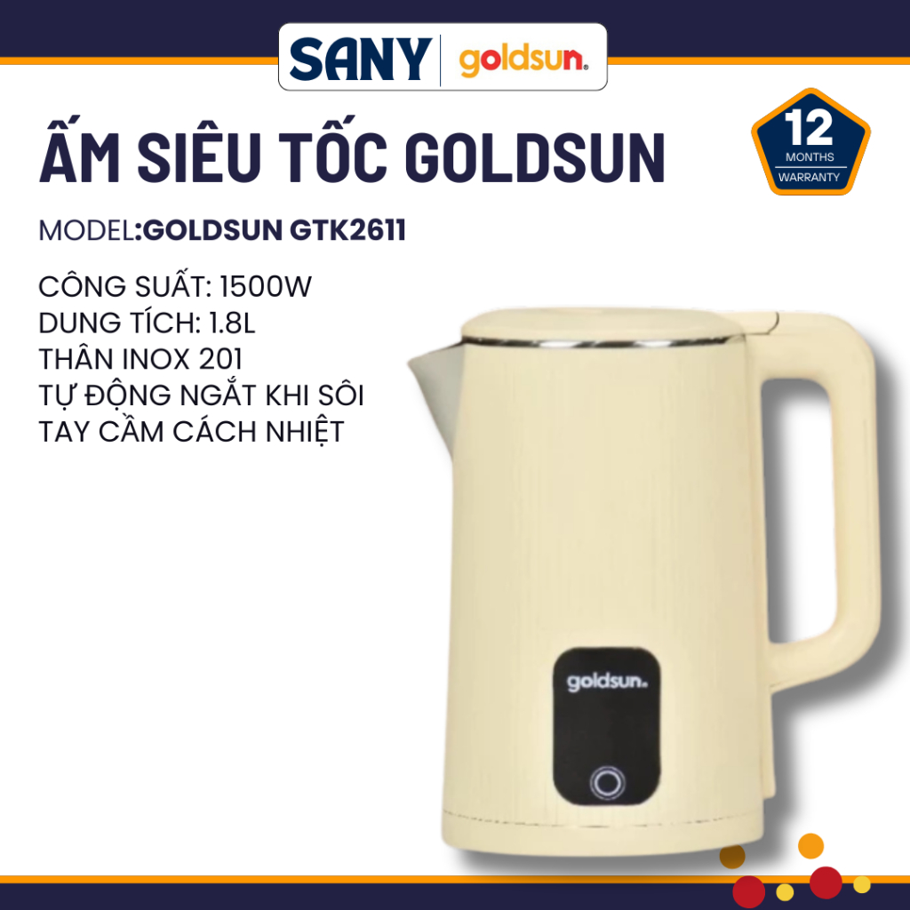Ấm siêu tốc Goldsun GKT2611, 1.8l, 1500w, inox 304, tự ngắt khi sôi, đun nước siêu nhanh, an toàn, b