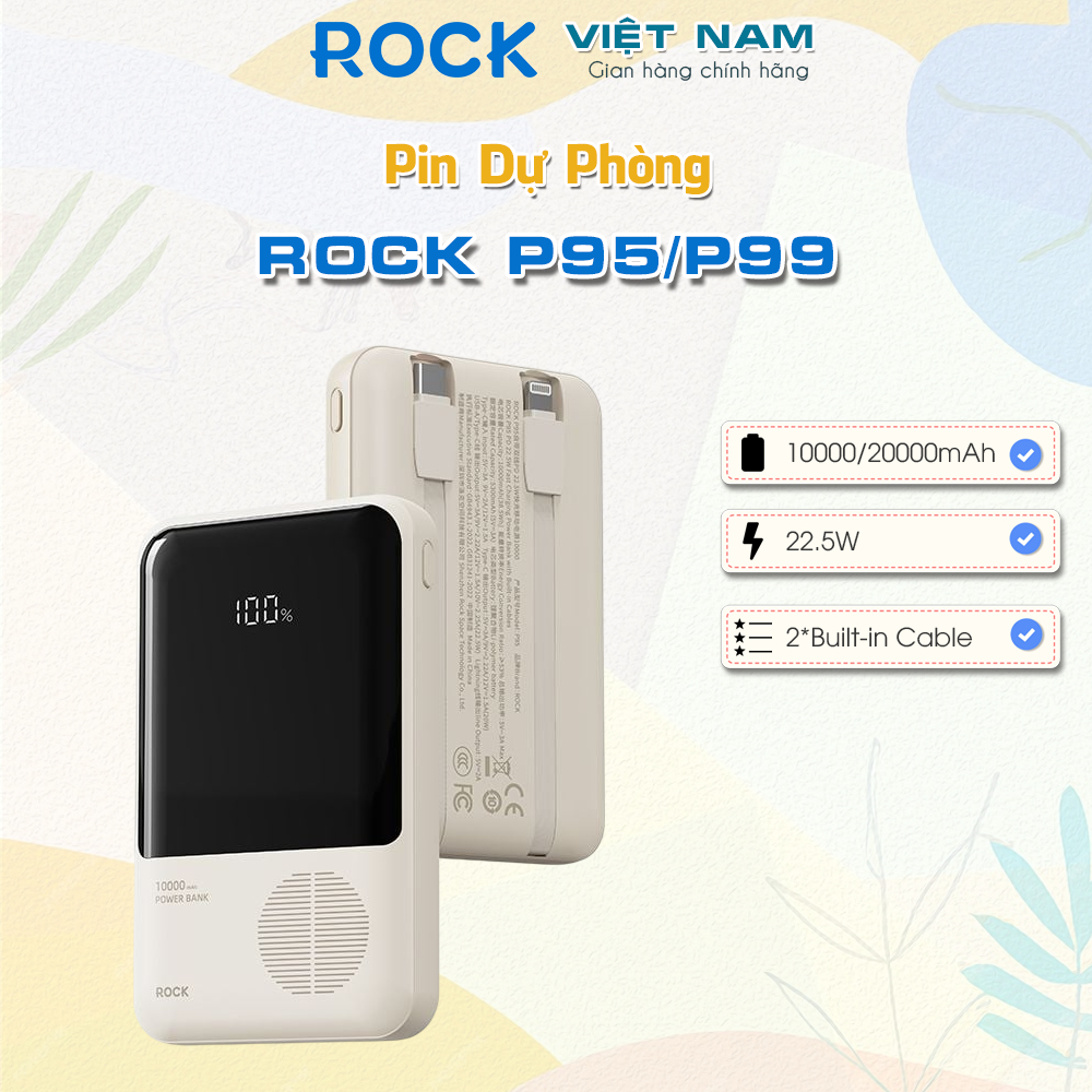 Pin Dự Phòng ROCK P95/P99 10000mAh/20000mAh 22.5W (with Built-in Type-C + Light.ning Cable)