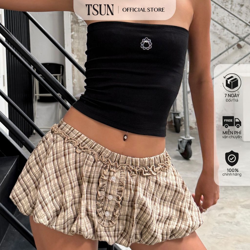 TSUN - Chân Váy Ngắn Mini Skirt Dáng Bí Caro Kẻ Sọc Cạp Chun Nhún Bèo Y2K/Coquette | BigBuy360 - bigbuy360.vn