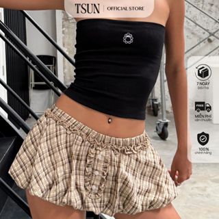 Váy Ngắn Caro Bí Màu Nâu Dáng Phồng Brand TSUN Chính Hãng [Có Quần Bảo Hộ] Váy Nữ, Mini Skirt