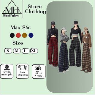 Quần kẻ karo ống rộng chất dạ loại 1 mềm mịn thu đông Quần Suông caro cạp chun co giãn thỏa mái 
