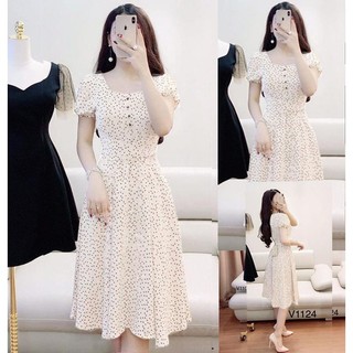 *Đầm Chấm Bi Eo Xòe Thắt Nơ Xinh Xắn tay ngắn thích hợp đi chơi dạo phố,mua sắm