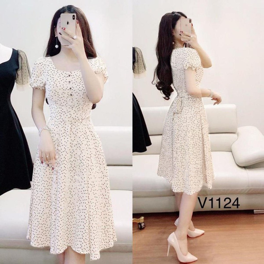 *Đầm Chấm Bi Eo Xòe Thắt Nơ Xinh Xắn tay ngắn thích hợp đi chơi dạo phố,mua sắm