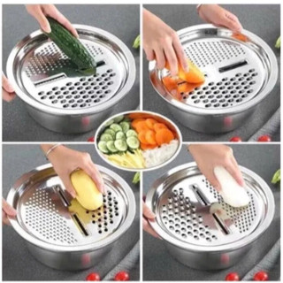 Bộ Nạo Rau Củ Quả Kèm Rổ Chậu Inox 3 trong 1, Dụng Cụ Nạo, Bào Sợi Đa Năng Tiện Lợi Cho Gia Đình