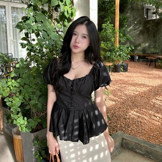 Áo kiểu nữ tiểu thư tay bồng cổ vuông chân áo xếp ly điệu đà mùa hè Kimee - KA531