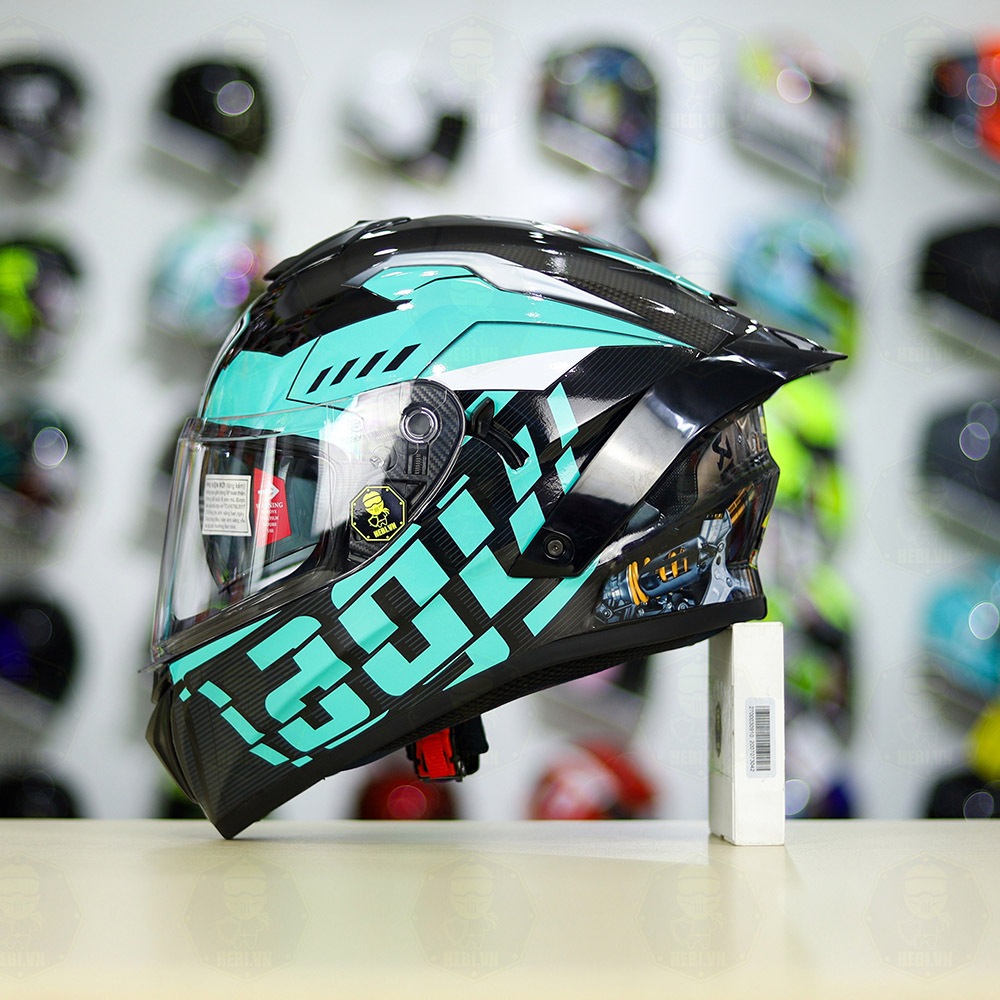 Mũ Fullface 2 kính Yohe 981 Dán Tem Decal AGV Myth Verson 2 Xanh Ngọc + Đuôi Gió Pista