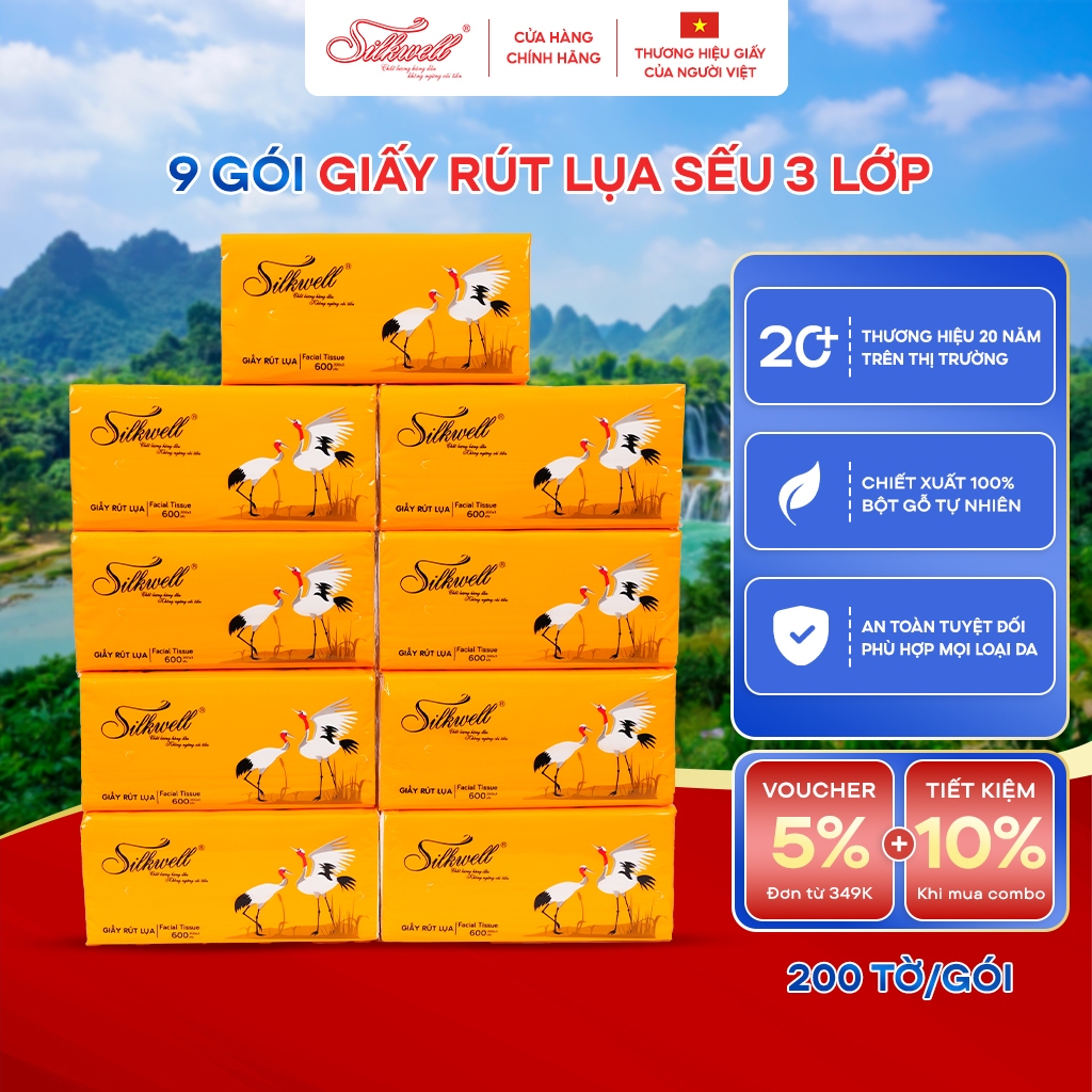 [Thùng 9 gói] Khăn giấy rút lụa SILKWELL Sếu 200 tờ 3 lớp dày khổ lớn, mềm mịn, siêu dai