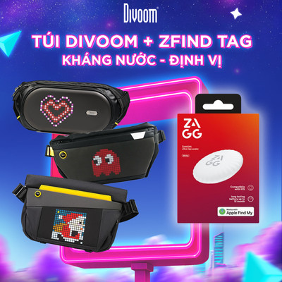 Combo túi đeo chéo divoom Pixoo Slingbag màn hình LED chống nước và Thiết bị định vị ZFind Tag - Chính hãng