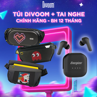 Combo túi đeo chéo Divoom Pixoo Slingbag/C/V màn hình LED kháng nước và tai nghe Energizer UB2000 - Chính hãng