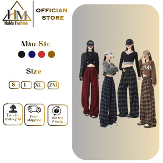  Quần nữ kẻ karo ống rộng chất dạ dày dặn Quần caro vải dạ dày dặn cạp chun co giãn thỏa mái 