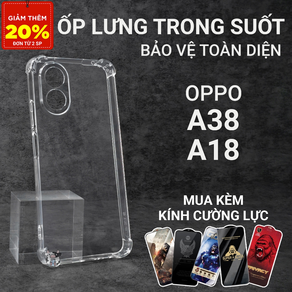 Ốp lưng Oppo A38, A18 Cowcase trơn trong suốt | Ốp điện thoại Oppo dẻo bảo vệ camera đt toàn diện