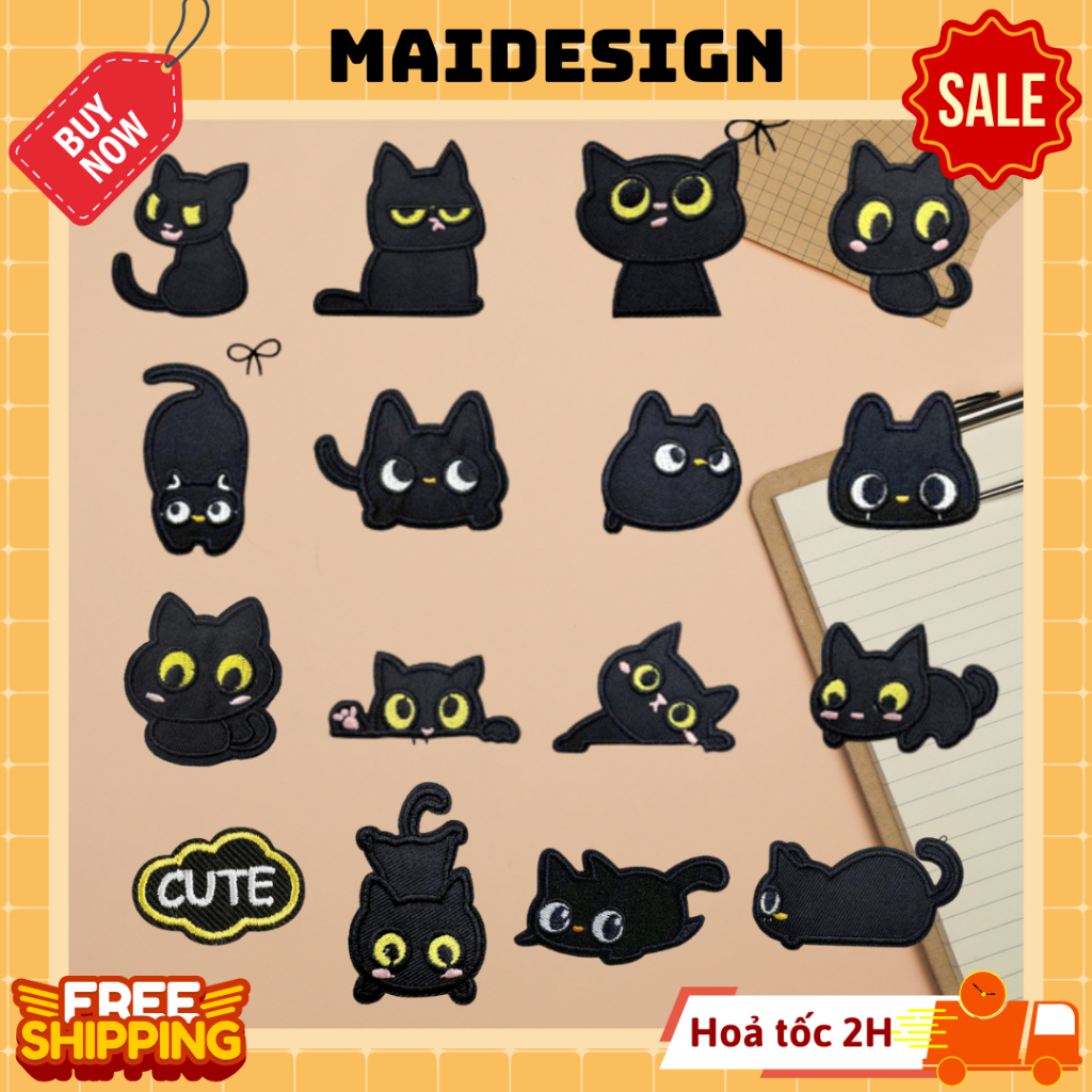 Patch ủi quần áo hình thêu vải dán balo túi Mèo Đen Siêu Quậy Dễ Thương Black Cat Cute Maidesign