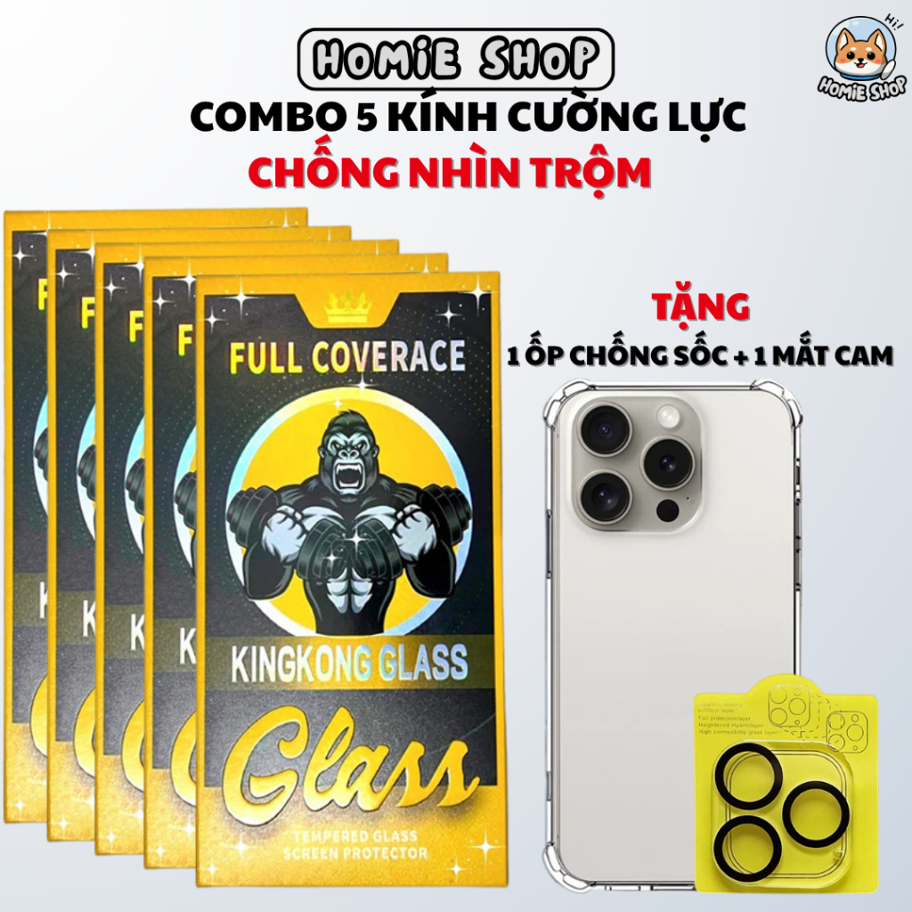 COMBO 5 Kính Cường Lực có Khung Tự Dán KINGKONG GLASS CHỐNG NHÌN TRỘM (TẶNG 1 ỐP + MẮT CAM ) -HOMIES