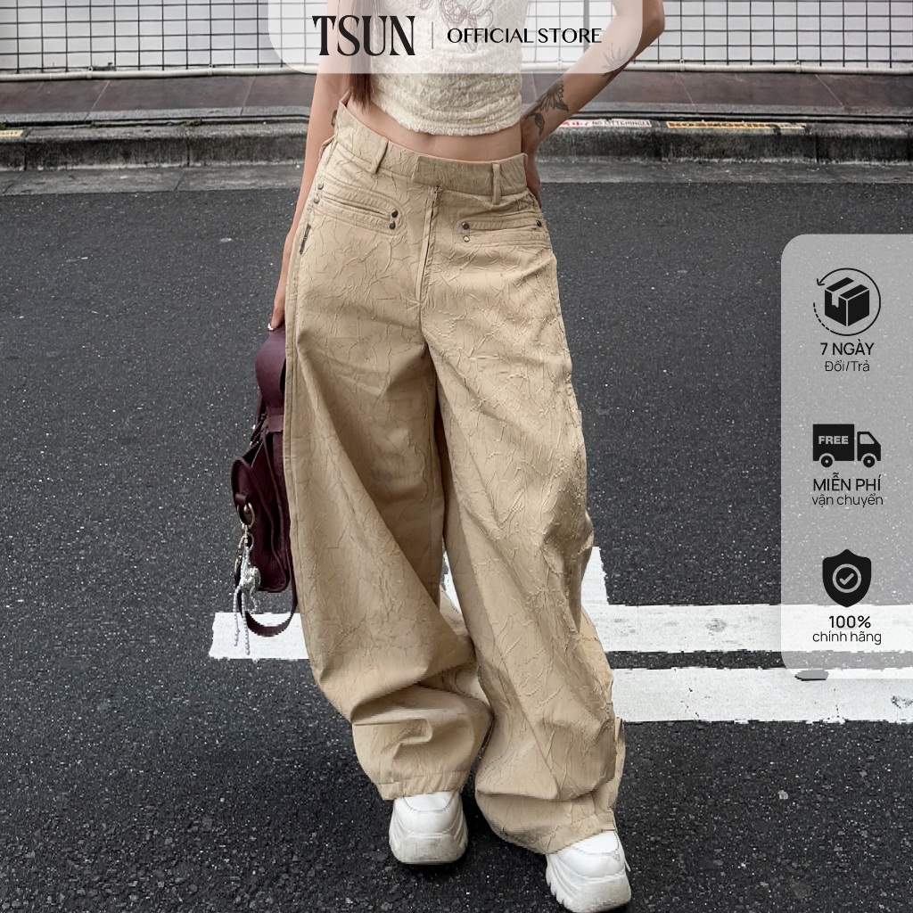 TSUN - Quần Balloon Cạp Cao Dáng Rộng Màu Be, Oversize - Vải Dập Nổi 3D -Túi Sau Nhún Bèo-Streetwear | BigBuy360 - bigbuy360.vn
