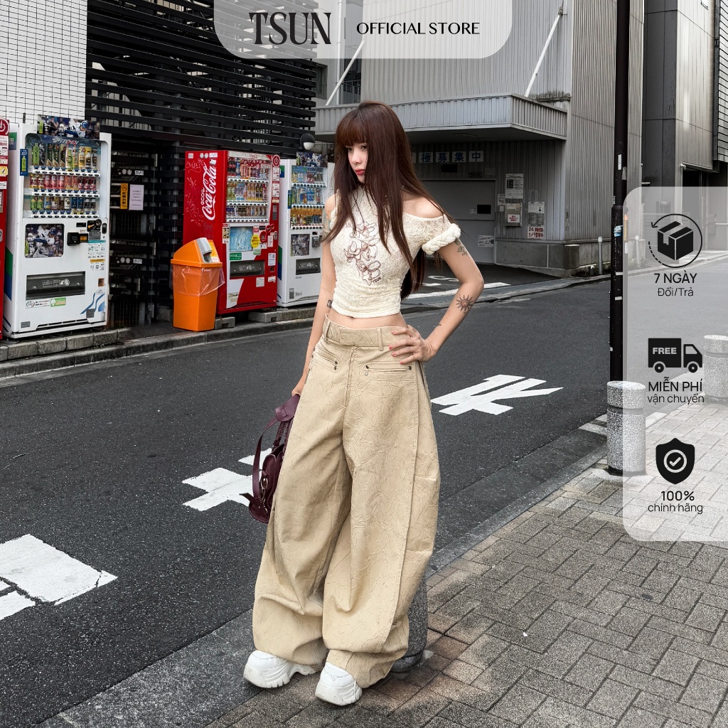 TSUN - Quần Balloon Cạp Cao Dáng Rộng Màu Be, Oversize - Vải Dập Nổi 3D -Túi Sau Nhún Bèo-Streetwear | BigBuy360 - bigbuy360.vn
