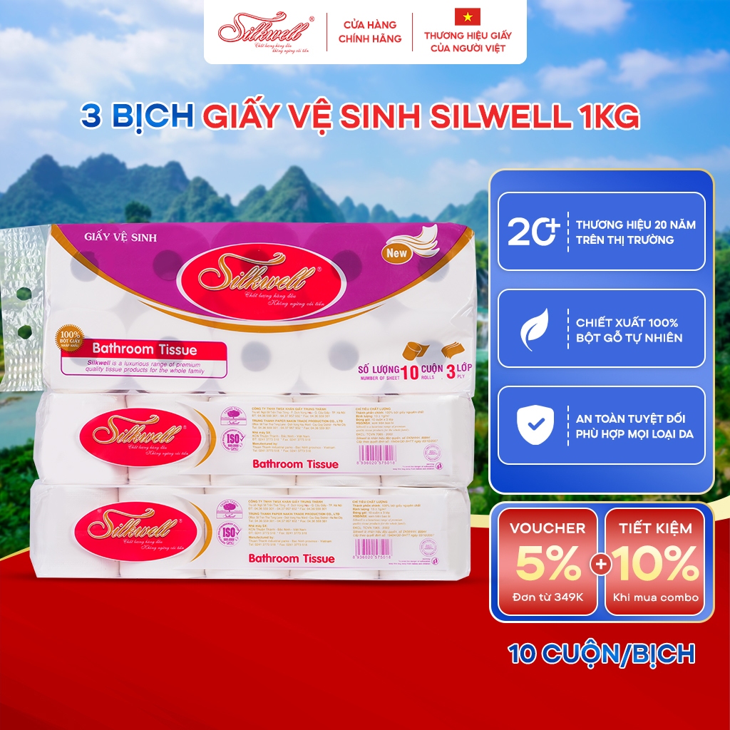 [Combo 3 bịch] giấy vệ sinh SILKWELL Tím 1kg 10 cuộn 3 lớp có lõi mềm mịn, dễ tan trong nước