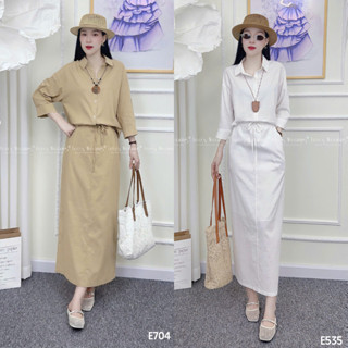 E535 LEOSWEARING set bộ nữ áo sơmi linen tay lửng mix chân váy suông dáng dài mùa hè·