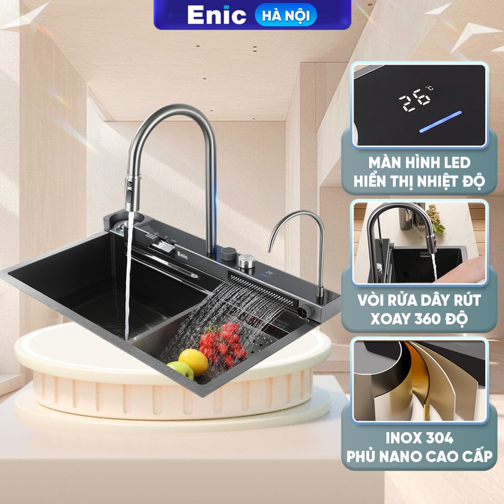 Bồn rửa chén thông minh Enic DK3 - Chậu rửa inox 1 ngăn lớn, vòi phun thác nước hiện đại, màn hình L