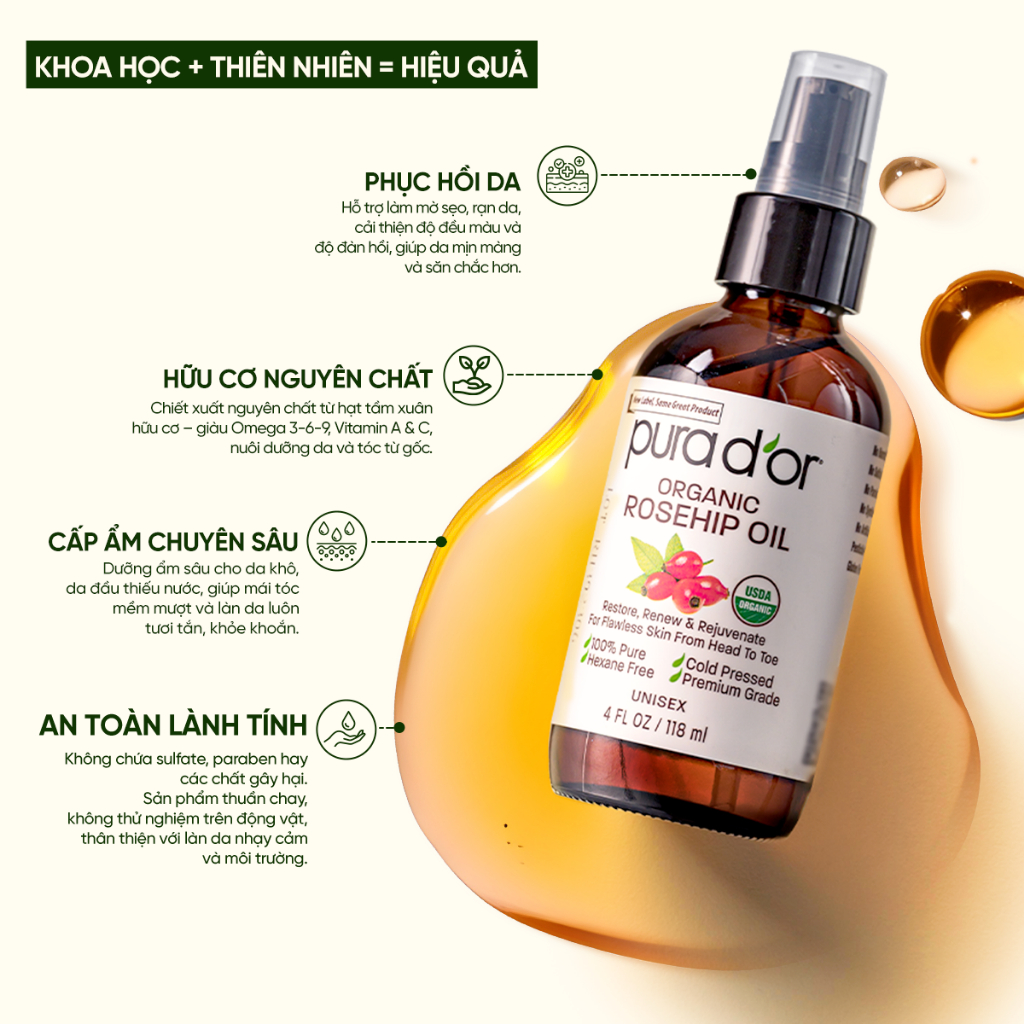 Dầu Hạt Tầm Xuân Nguyên Chất Hữu Cơ Pura D'or Organic Rosehip Seed Oil 118ml