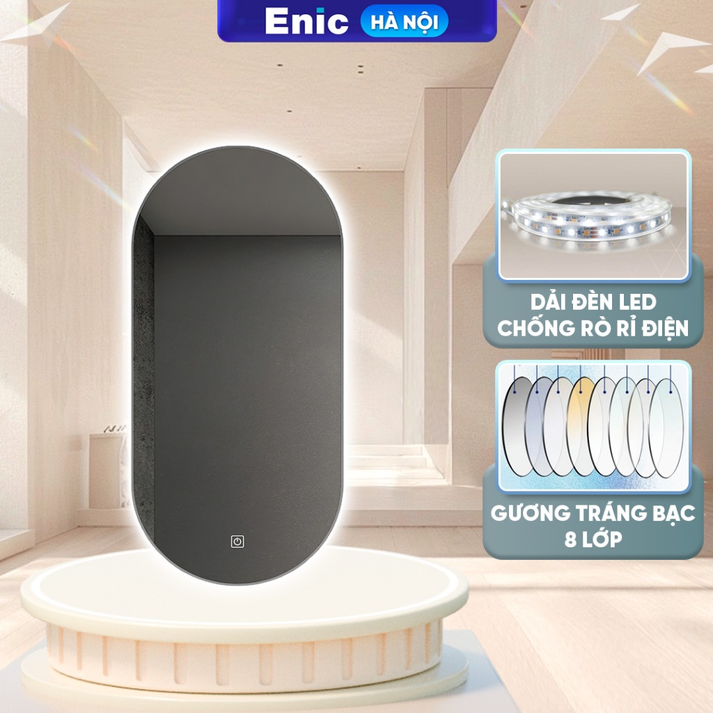Gương Oval Enic tráng bạc, đèn LED điều chỉnh chế độ sáng, chống thấm nước, chống rò rỉ điện