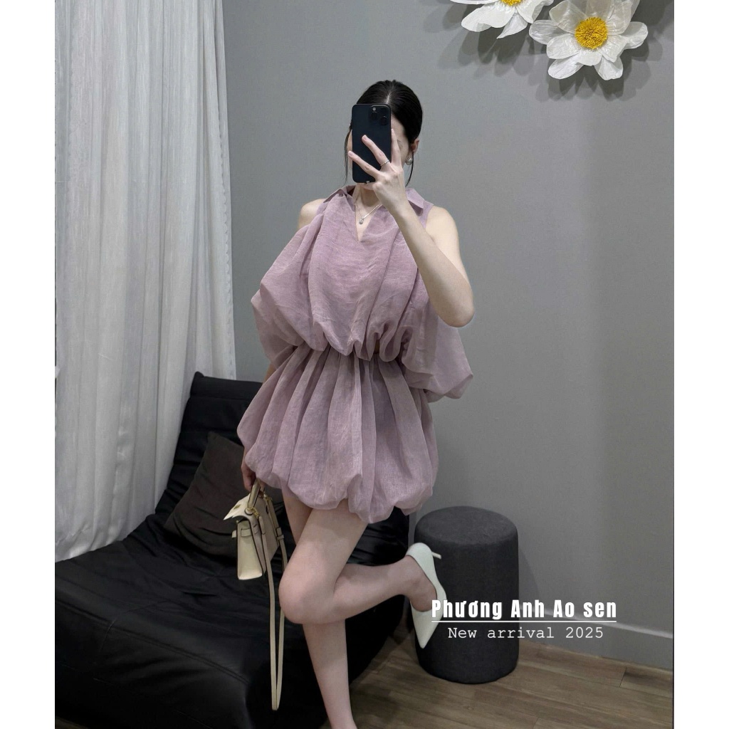 Set Váy Voan Dáng Phồng Cổ Bẻ – Thiết Kế Bánh Bèo Nữ Tính Mặc Đi Chơi, Dạo Phố, Dự Tiệc Hot Trend 2025